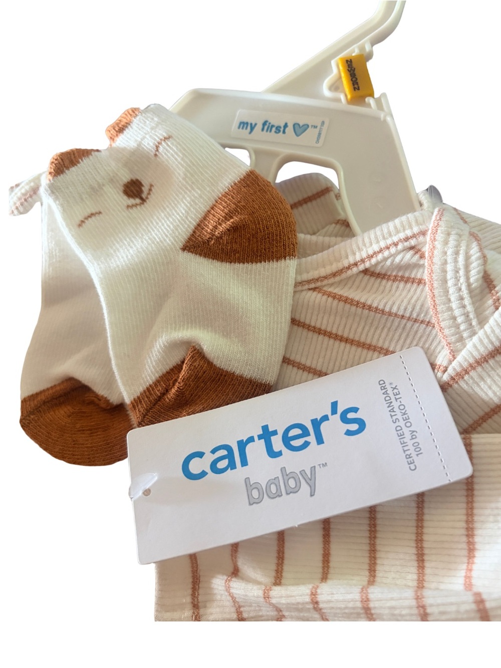 Carter's Cream & Rust Striped 4-Piece Pajama Set with Animal Socks & Bear Hat - Picture 4 of 4